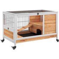 PawHut Wooden Indoor Rabbit Hutch, 2-Floor Bunny Cage w/ Enclosed Run Area, Yellow Aosom UK