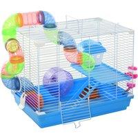 Pawhut 2 Tier Hamster Cage Carrier Habitat Small Animal House with Exercise Wheels Tunnel Tube Water Bottle Dishes for Dwarf Mice, Blue Aosom UK