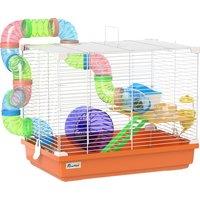 PawHut 2 Tier Hamster Cage, Gerbil Cage with Handle, Exercise Wheels, Tunnel, Water Bottle, Dishes, Ladder, for Dwarf