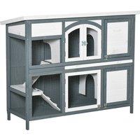 PawHut Two-Tier Wooden Rabbit Hutch Guinea Pig Cage w/ Openable Roof, Slide-Out Tray, Ramp - Grey