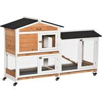 PawHut Two-Tier Wooden Rabbit Hutch Mobile Guinea Pig Cage Bunny Run w/ Wheels, Run, Slide-Out Tray, Ramp Aosom UK