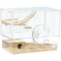 PawHut Hamster Cage, Gerbilarium Cage, Wooden Ramp, Exercise Wheel, Food Bowl, Natural Tone and White Aosom UK