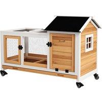PawHut Wooden Rabbit Hutch, Guinea Pig Cage, with Removable Tray, Wheels - Yellow
