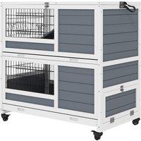 PawHut Double Deckers Guinea Pig Cage Rabbit Hutch Indoor with Feeding Trough, Trays, Ramps, Openable Top - Grey Aosom UK