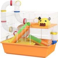 PawHut 3 Tiers Gerbil Cage, Hamster Cage with Tubes, Exercise Wheel, Ladder, Top Handle, 45 x 28 x 37cm - Orange Aosom UK