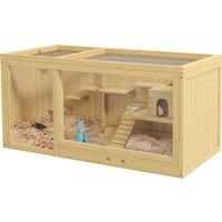 PawHut Wooden Hamster Cage with Water Bottle, Platforms, Openable Roof, Sliding Tray, Hut, Seesaws, Natural Wood Finish