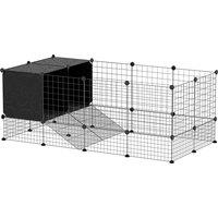 PawHut DIY Small Animal Cage with Elevated Huts, C&C Cage for Guinea Pigs, Hedgehogs, Rabbits, 31 Panels, Black