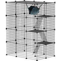 PawHut 4-Tier DIY Large Cat Cage with Hammock, Ramps, 5 Doors, Indoor Use for 1-3 Cats, Black