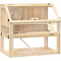 PawHut Wooden Hamster Cage with Detachable 31cm Deep Bottom, Hut, Seesaw, Exercise Wheel, Ramp, 80 x 50 x 76cm, Natural