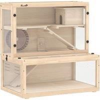 PawHut Wooden Hamster Cage with Hut, Wheel, Ramps, Removable Viewing Panels, 80 x 50 x 84 cm, Natural