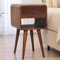 100 % Solid Wood Mini Bedside Table with Drawer and Curved Open Shelf, Handcrafted Desk for Compact Storage, 30L x 30W x 55H cm, Brown Aosom UK