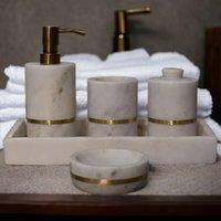 Set of 5 Marble Bathroom Accessory with Brass Inlay and Understated Sheen, Hand-Finished Set with Assembled, 7.5L x 7.5W x 10H cm, White Aosom UK