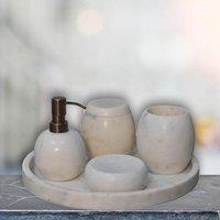 5-Piece Marble Bathroom Accessories Set with Sustainable Durable Design, Hand-Finished Set with Mango Wood, 10L x 10W x 14H cm, White Aosom UK