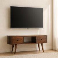 Round Solid Mango Wood Media Unit with 2 Smooth-Gliding Drawers and Open Shelf, Stand for TV and Media, 30L x 100W x 37H cm, Brown Aosom UK