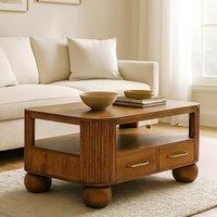 Solid Mango Wood Coffee Table with 2 Smooth-gliding Drawers, Tea Table with Shelf for Organised Storage, 55L x 85W x 46H cm, Brown Aosom UK