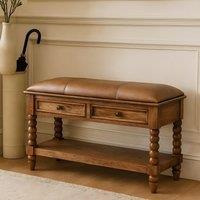 Solid Mango Wood Upholstered Spindle Bench with 2 Smooth‑gliding Drawers, Seat with Open Slot for Storage, 35L x 90W x 55H cm, Brown Aosom UK