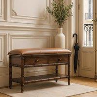 Solid Mango Wood Storage Bench with 2 Smooth-Gliding Drawers, High-Resilience Cushioned Seat with Shelf, 35L x 90W x 55H cm, Brown Aosom UK