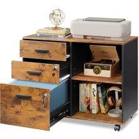 DEVAISE 3 Drawer Mobile File Cabinet,Wood Lockable Drawers Printer Stand with Open Storage Shelf fits A4 or Letter Size for Home Office, Rustic Brown