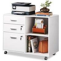 DEVAISE 3 Drawer Mobile File Cabinet,Wood Lockable Drawers Printer Stand with Open Storage Shelf fits A4 or Letter Size for Home Office, White
