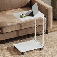WLIVE Height Adjustable C-Shaped Side Table, Sturdy Steel Frame Sofa Table with 4 Lockable Wheels, Ideal for Living Room, Bedroom and Small Spaces, White