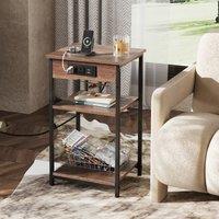 WLIVE 3-Tier Side Table, Built with Practical Charging Station and Adjustable Middle Shelf, Slim Design Fits Small Spaces, Suitable as Bedside Table for Living Room and Bedroom, Brown
