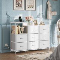 WLIVE Chest of Drawers with Charging Station, 8 Fabric Storage Drawers with Metal Frame and Wooden Top, TV Media Console Table Open Storage Shelves for Bedroom, Living Room, Hallway, White