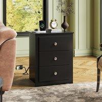 WLIVE 3-Drawer Wooden Bedside Table with Charging Station, USB Ports & Plug Sockets, Nightstand with Storage for Bedroom, Living Room, Office (2, Black)