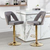 Set of 2 Adjustable Bar Stools with Hollow Backrest Design and Electroplated Gold Legs, 360 Rotatable, Seat Height 63.5-83.5 cm, Grey Aosom UK