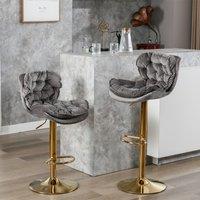 Set of 2 Adjustable Bar Stools with Rolling Edge Backrest, Electroplated Gold Legs, 66-86 cm Height, 360 Rotatable, Base 41x41 cm, Grey Aosom UK