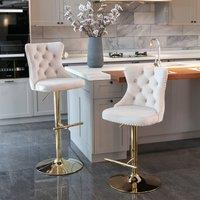 Set of 2 Adjustable Velvet Bar Stools with Backrest, Gold Electroplated Legs, 360 Rotatable, 62-82 cm Height, 45x45 cm Base, Beige Aosom UK