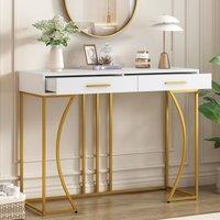 Console Table with Gold-plated Handle and Adjustable Legs, Light Luxury Style Side Table with Metal Frame, 2 Drawers, 120x38x76 cm, White Aosom UK