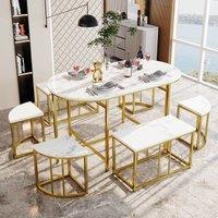 Modern Luxury 6 Seater Dining Table Set with Six Chairs, Soft Velvet Seat Cushions and Gold-Plated Iron Frames, 140x70x75 cm Gold Aosom UK