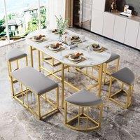 Modern Dining Table and Chairs Set with 4 Small Stools and 2 Large Stools and , Gold Iron Frame, Load Capacity 120 kg, 1407076 cm, Gold Aosom UK
