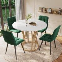 Round Dining Table and Chairs with 4 Velvet Chairs, Marble Pattern MDF Top, Golden Metal Legs, Adjustable Foot, Ideal for Dining Room, White & Green Aosom UK