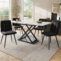 Extending Dining Table and Chairs with 4 Velvet Chairs, Marble Tabletop, Elegant 5-Piece Dining Set for Kitchen, 160L x 80W x 75H cm, White & Black Aosom UK