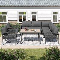 Stylish Garden Lounge Set with Galvanised Iron Frame and Wood‑Grain Table, Large Sofas and Table for 8 People, 124L x 69W x 86H cm, Gray Aosom UK