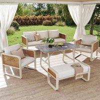Modular Garden Lounge Set with Thick Elastic Foam Cushions, Versatile Garden Sofa Set with Glass Side Table, 178L x 61W x 76H cm, Beige Aosom UK