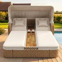 Outdoor Wicker Double Chaise Lounge with Openable Adjustable Canopy, Modern Garden Furniture Set for Patio, 160L x 192W x 137H cm, Beige Aosom UK