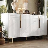 Stylish Sideboard with 2 Doors, 4 Shelves and Geometric Door Design, Durable Cabinet with Slim Metal Feet, 152L x 40W x 75H cm, White Aosom UK