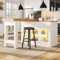 Extendable Kitchen Island with Multicolour RGB LED Lighting, Modern Dining Table with 3 Deep Drawers, 120L x 40W x 75.5H cm, White Aosom UK