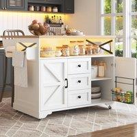 Mobile Kitchen Island with Drop-Leaf Table and Multi-Tier Snack Shelves, Serving Cart with App-Controlled LED, 120L x 72W x 98H cm, White Aosom UK
