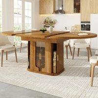 Extendable Dining Table with Hidden Storage and Glass Doors, Round Kitchen Table for 6 People, 118-158L x 118W x 77H cm, Walnut Aosom UK