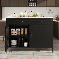 Standing Bar Table with MDF Top and Iron Legs, Marble Kitchen Island Table with Adjustable Shelves, 100L x 90W x 90H cm, Black Aosom UK