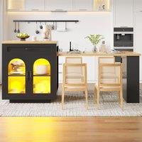 Extendable Kitchen Island with App-Controlled RGB LED Lighting, Versatile Cabinet for Dining or Preparation, 126-196L x 59W x 94H cm, Black Aosom UK