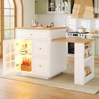 Extendable Kitchen Island with LED Colour Lighting, Space-Saving Dining Bar with 4 Drawers and Open Shelf, 195.5L x 70W x 93.5H cm, White Aosom UK