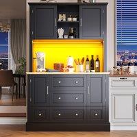 Tall Kitchen Cabinet with Open Middle Shelf and Five Drawers, Large Storage Cupboard for Dining Room, 115L x 40W x 180H cm, Black Aosom UK