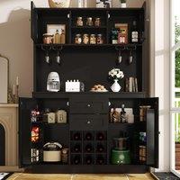 Tall Kitchen Cabinet with 4 Doors & 2 Smooth-Glide Drawers and Adjustable Shelves, Sideboard with Wine Racks, 120L x 40W x 188H cm, Black Aosom UK