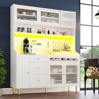 Freestanding Highboard with LED Lighting & Pull-Out Wine Rack, Tall Storage Cabinet with Sliding Glass Doors, 145L x 39W x 171H cm, White Aosom UK