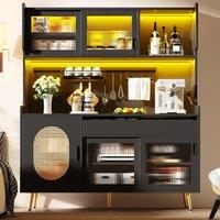 Country-Style Sideboard with Fluted Glass Doors, App-Controlled LED Strip, Storage Buffet with Pegboard Back, 145L x 39W x 171H cm, Black Aosom UK