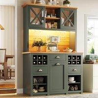 Tall Kitchen Cabinet with Glass Doors and LED Lighting, Versatile Sideboard with Adjustable Shelves, 120L x 45W x 188H cm, Antique Green Aosom UK